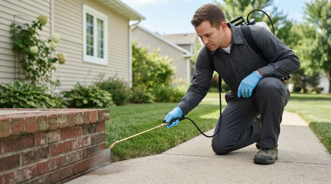 Pest control technician treating a home near Castine, ME